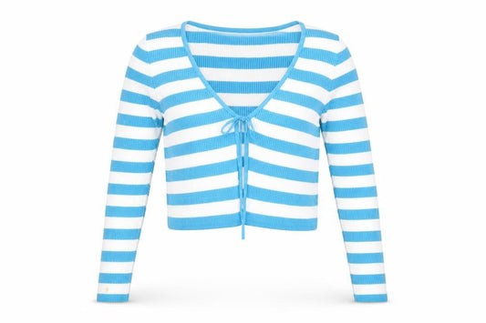 Front view of Primark unisex blue striped v-neck tie front cardigan m
