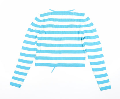 Primark Unisex Blue Striped V-Neck Tie Front Cardigan M