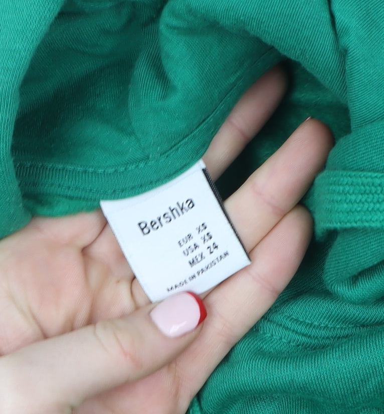Bershka Women Green Pullover Hoodie XS Cotton Blend Casual
