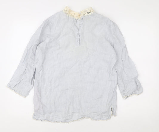 Zara Basic Women’s Grey Linen Crochet High Neck 3/4 Sleeve Blouse Size S