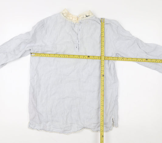 Zara Basic Women’s Grey Linen Crochet High Neck 3/4 Sleeve Blouse Size S