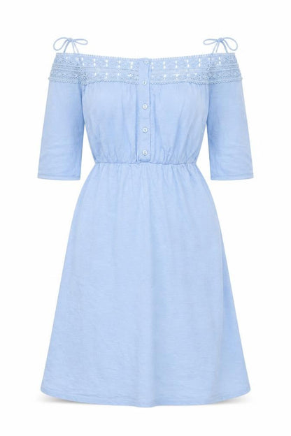 Topshop Women Blue Cotton Off Shoulder A-Line Knee Dress UK 6