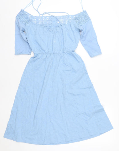 Topshop Women Blue Cotton Off Shoulder A-Line Knee Dress UK 6