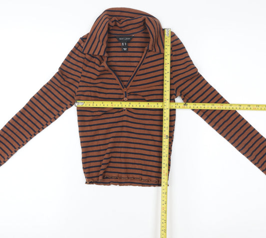New Look Women’s Brown Striped Collared Cropped Long Sleeve Top Size 8