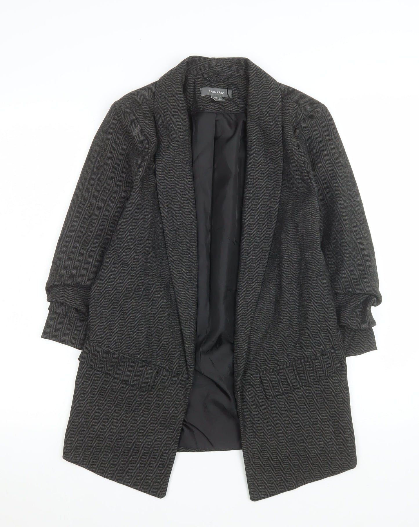 Primark Women Grey Regular Fit Long Blazer UK 8 Herringbone Wool Blend