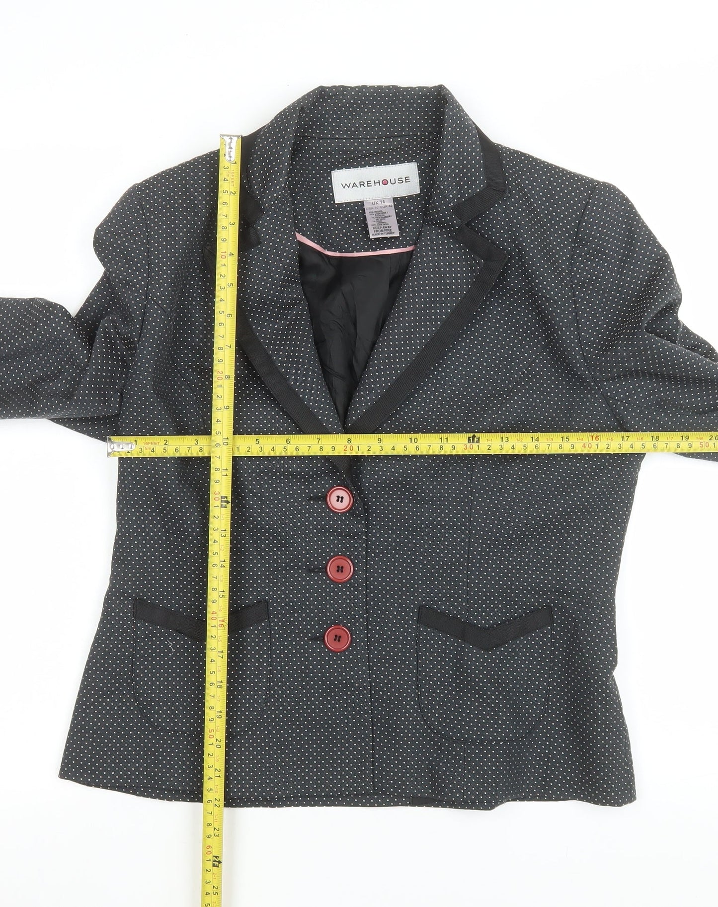 Warehouse Women’s Black Polka Dot Wool Blazer UK 14 Classic Fit