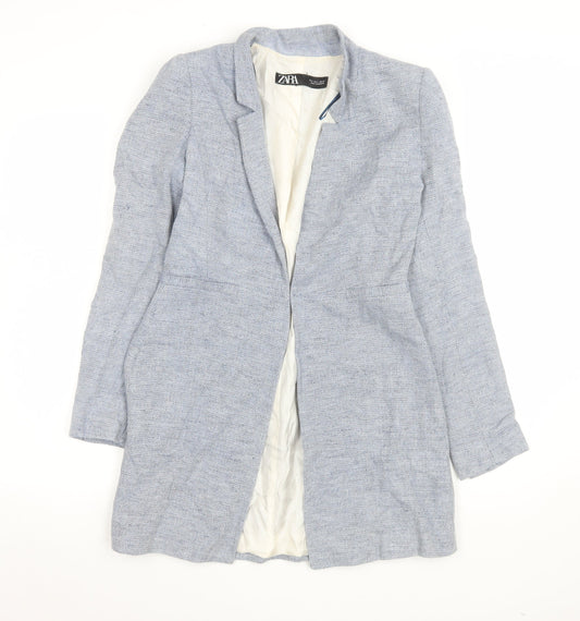 Zara Women Blue Size 8 Herringbone Tweed Mid-Length Blazer
