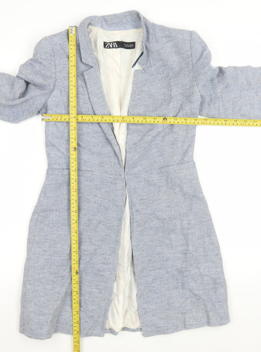 Zara Women Blue Size 8 Herringbone Tweed Mid-Length Blazer