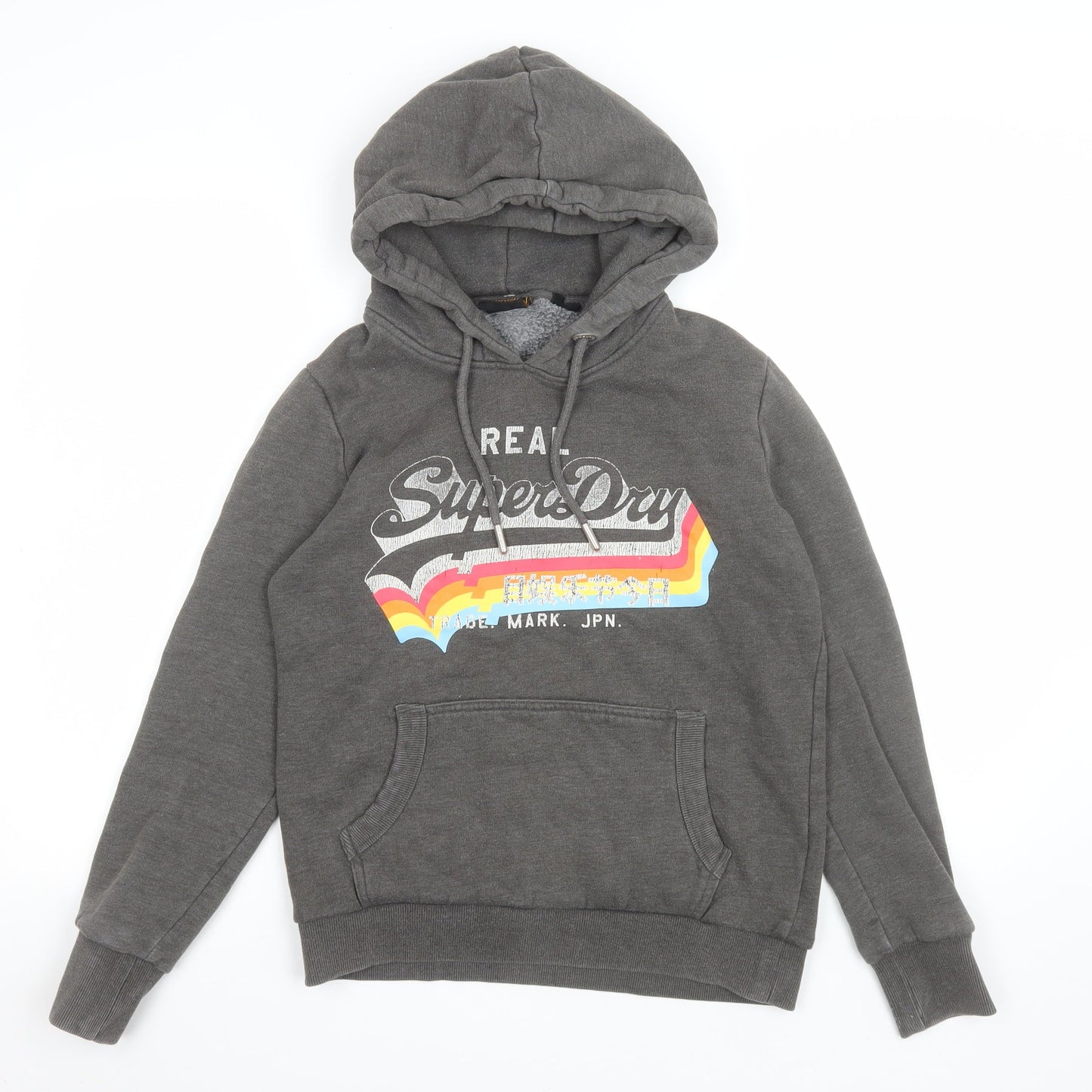 Superdry Women Grey Pullover Hoodie UK 12 with Logo Print