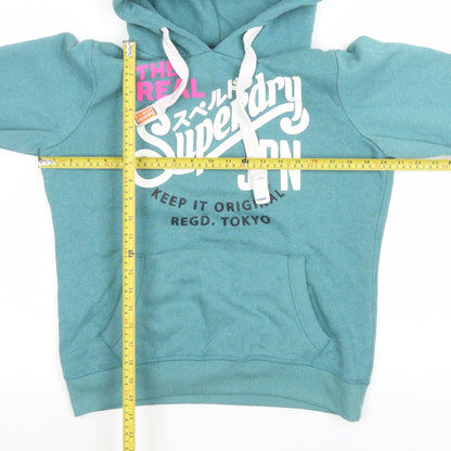 Superdry Womens Teal Pullover Hoodie L Vintage Graphic Print Casual