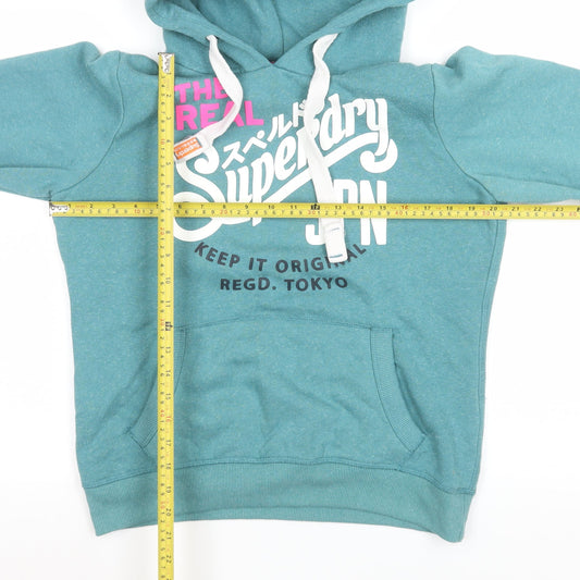 Superdry Womens Teal Pullover Hoodie L Vintage Graphic Print Casual