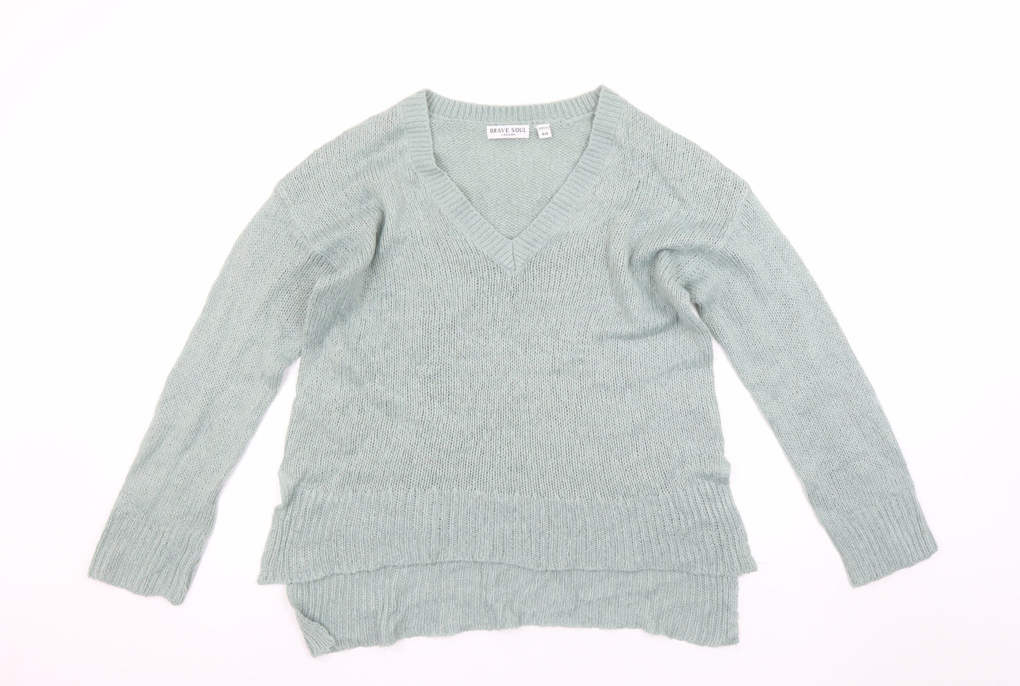 Brave Soul Womens Green V-Neck Knit Long Sleeve Pullover Jumper XS