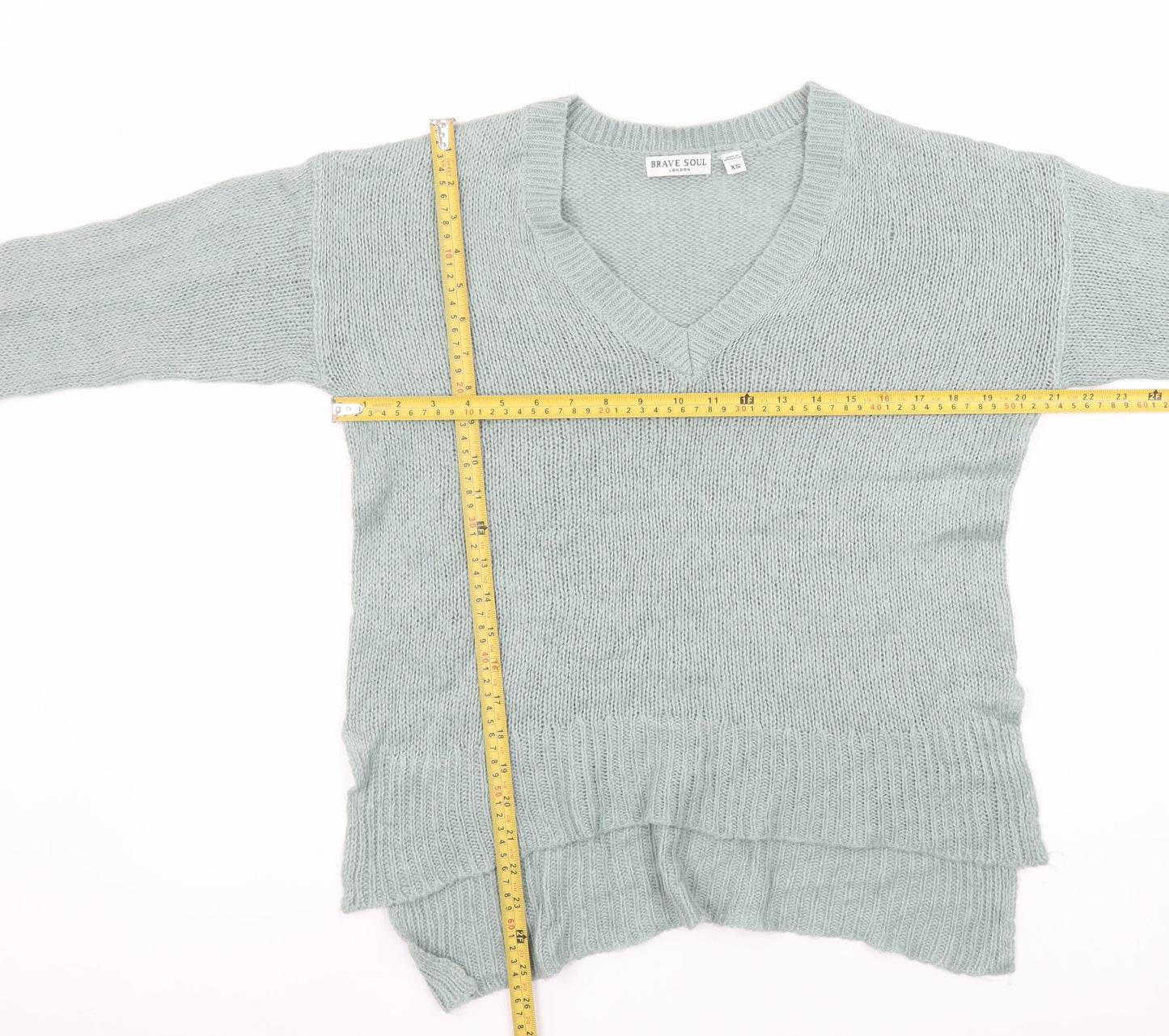 Brave Soul Womens Green V-Neck Knit Long Sleeve Pullover Jumper XS