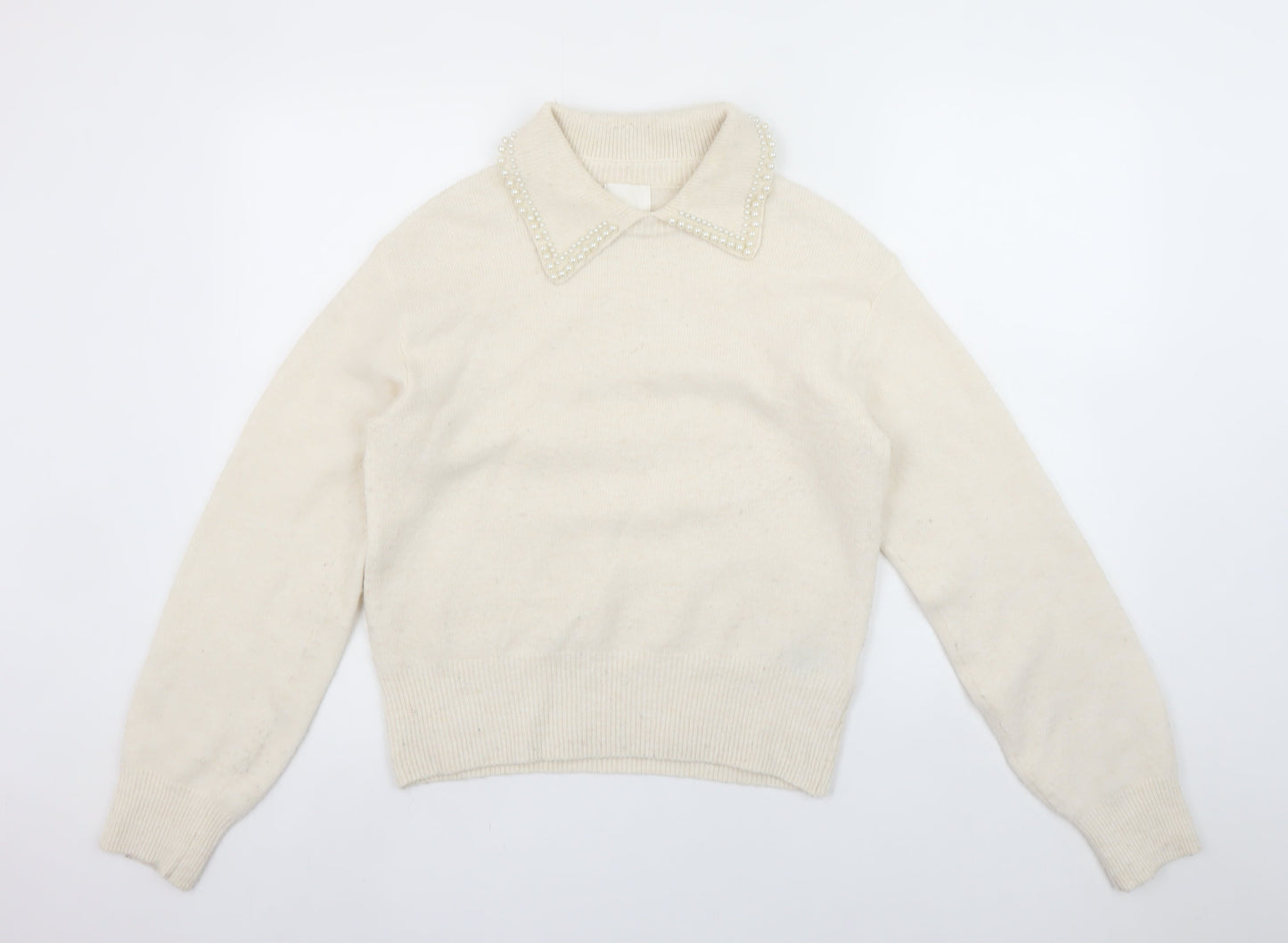 H&M Womens Ivory Beaded Collar Pullover Jumper XS
