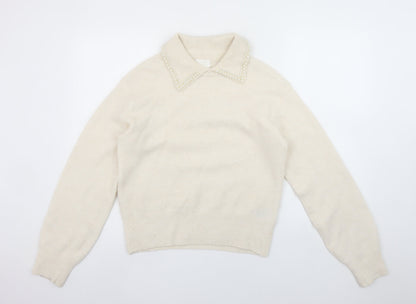 H&M Womens Ivory Beaded Collar Pullover Jumper XS