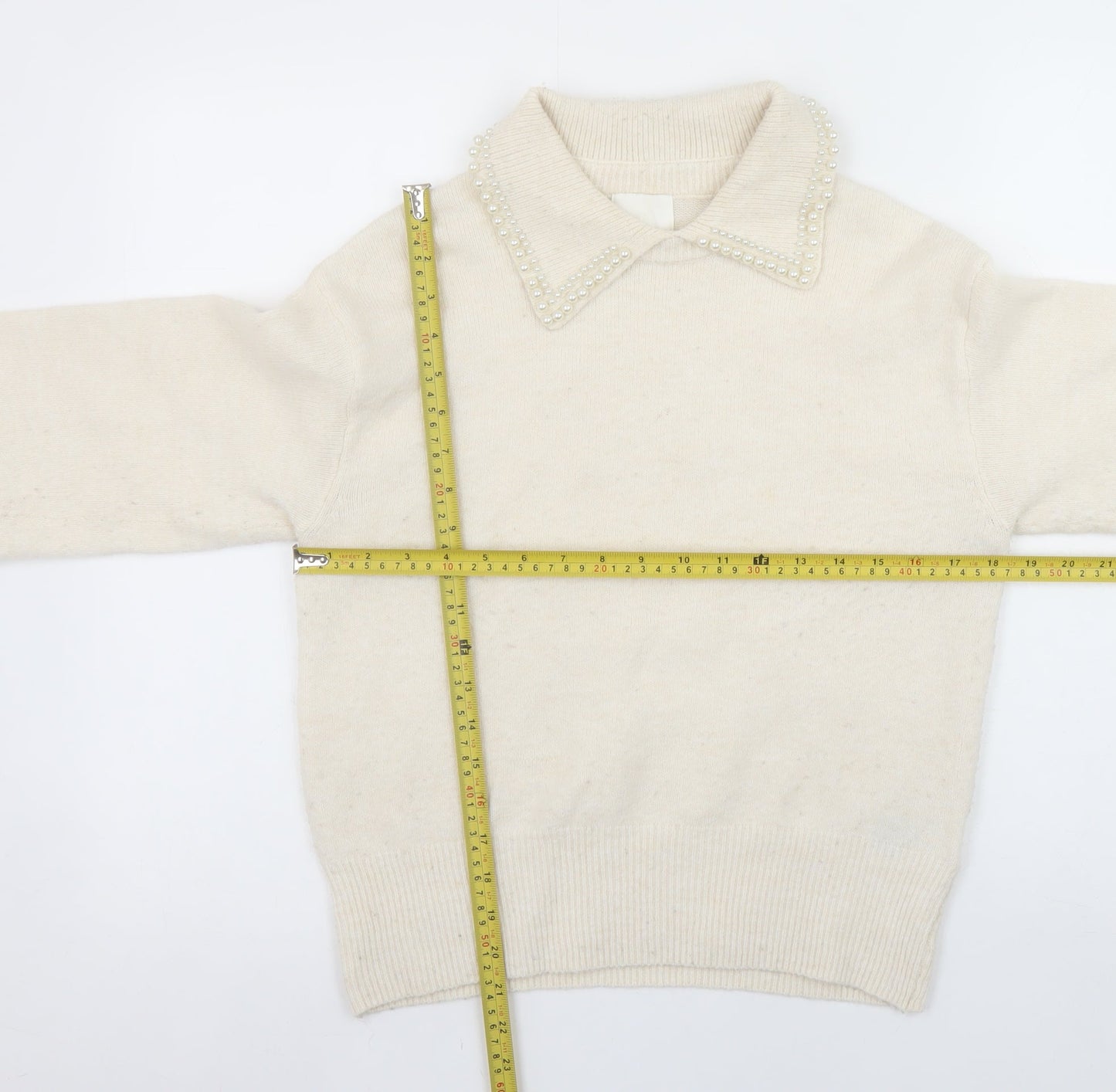 H&M Womens Ivory Beaded Collar Pullover Jumper XS