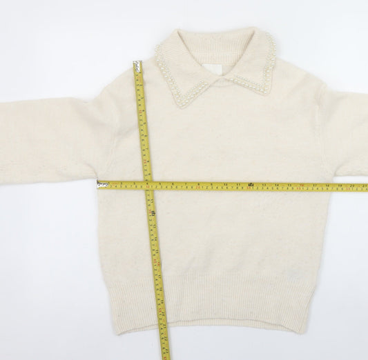 H&M Womens Ivory Beaded Collar Pullover Jumper XS