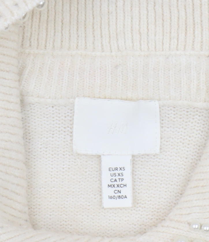 H&M Womens Ivory Beaded Collar Pullover Jumper XS
