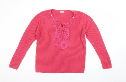 Cotton Traders Women’s Pink Crochet Neck Long Sleeve Knit Jumper Size 10/12