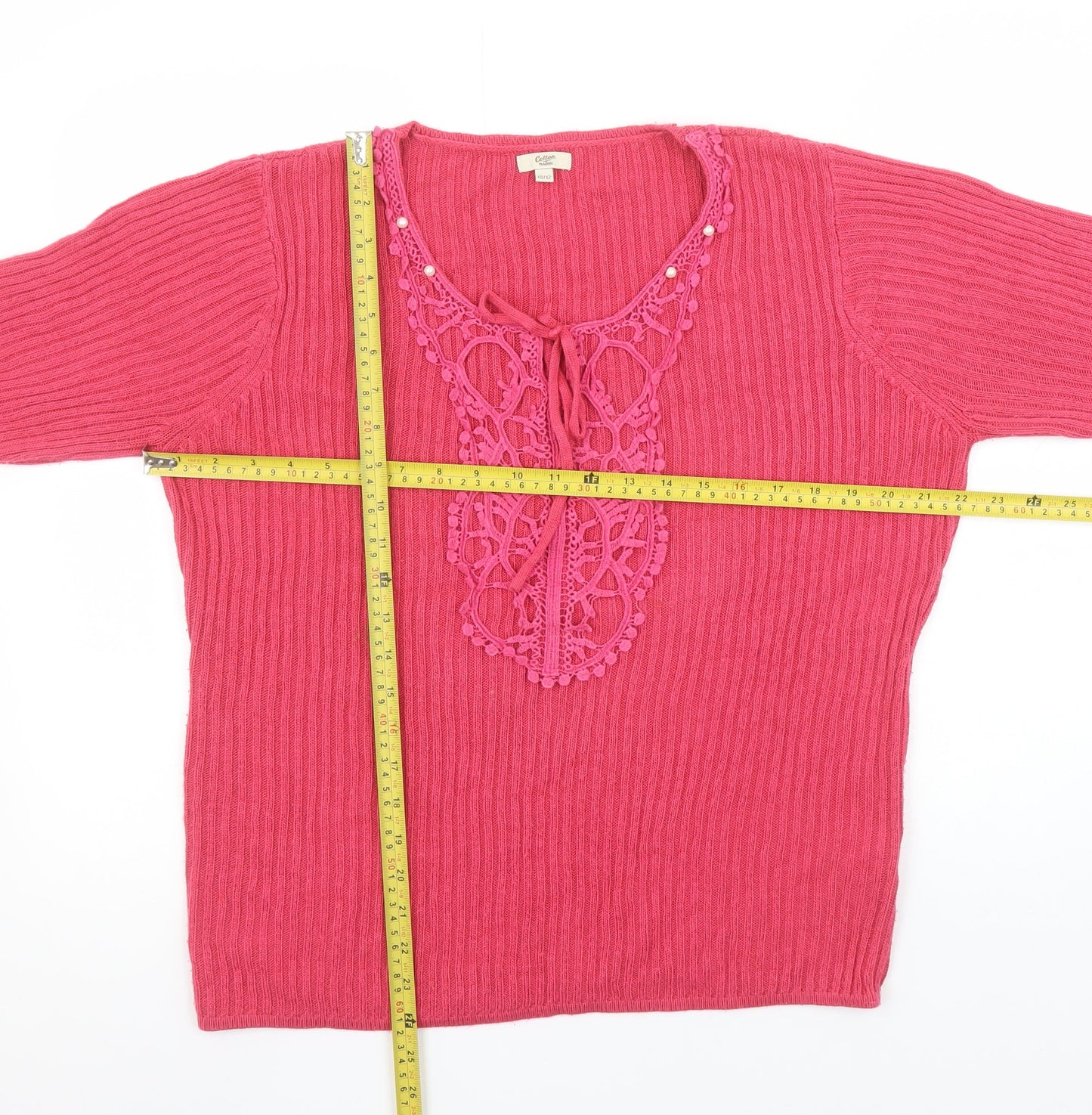 Cotton Traders Women’s Pink Crochet Neck Long Sleeve Knit Jumper Size 10/12