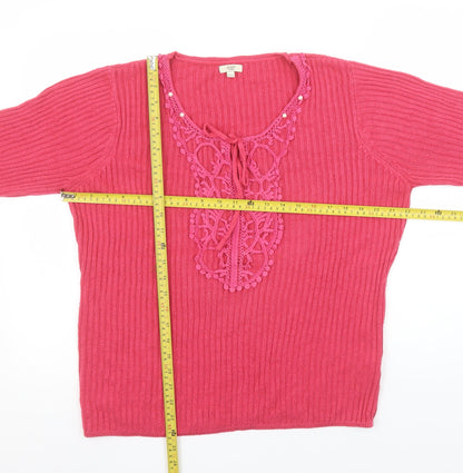 Cotton Traders Women’s Pink Crochet Neck Long Sleeve Knit Jumper Size 10/12