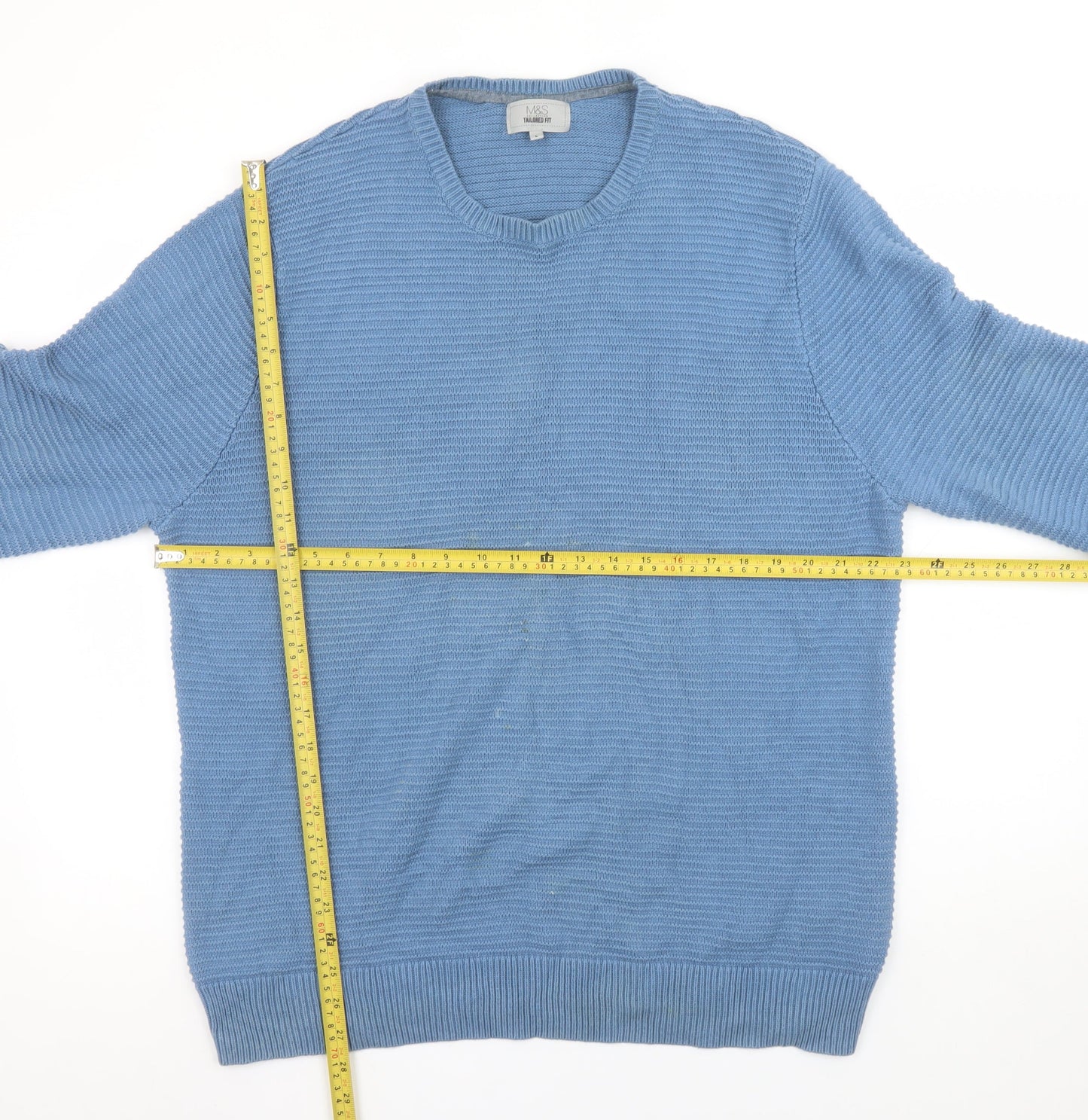 Marks and Spencer Men's Blue Cotton Crew Neck Jumper Size L