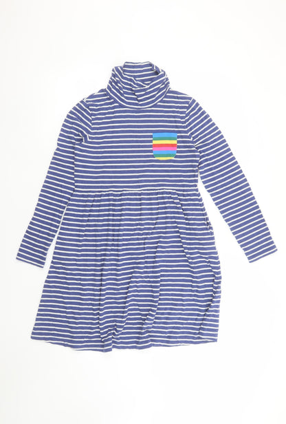 Boden Girls Blue Stripe Roll Neck Skater Dress 11-12 Years Cotton Jersey