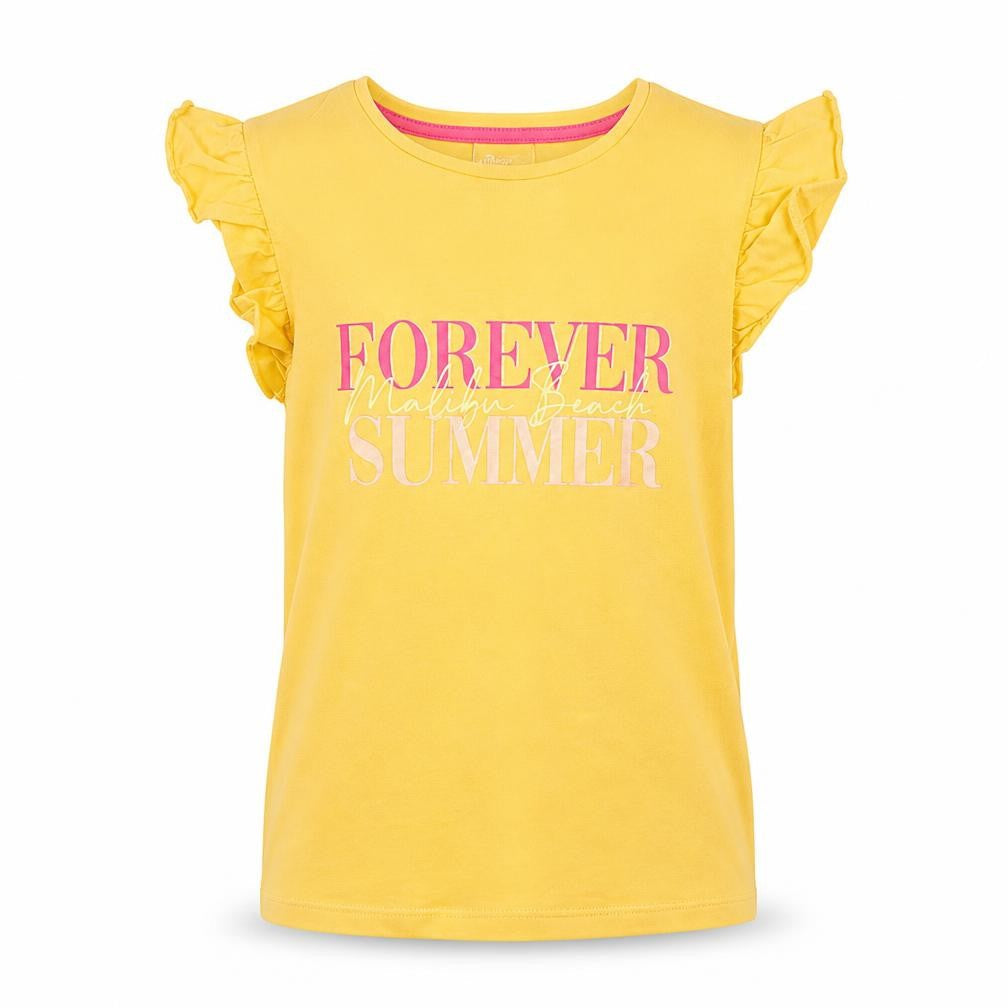 Front view of Matalan girls’ yellow summer graphic ruffle sleeve cotton t-shirt - 9 years