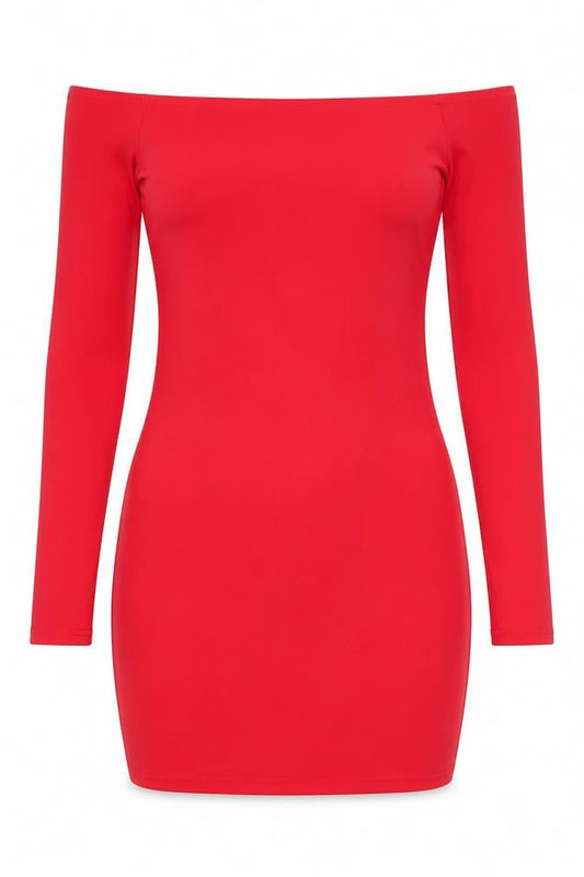 Front view of Missguided Women’s Red Off Shoulder Bodycon Dress, size UK 12