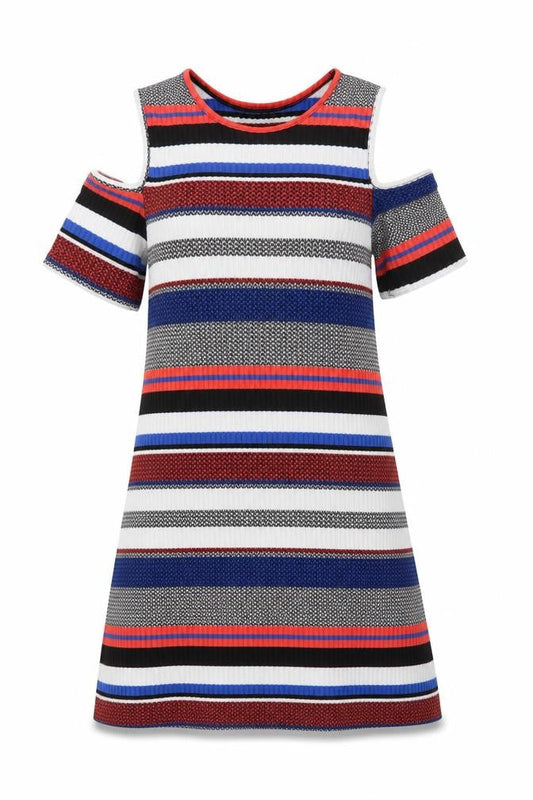 Front view of Papaya Women’s Multicoloured Striped Cold Shoulder Shift Dress, size M