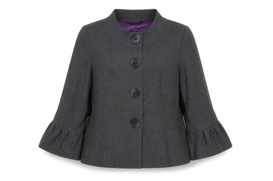 Front view of Amaranto Women's Grey, size 16, Ruffle Sleeve Suit Jacket