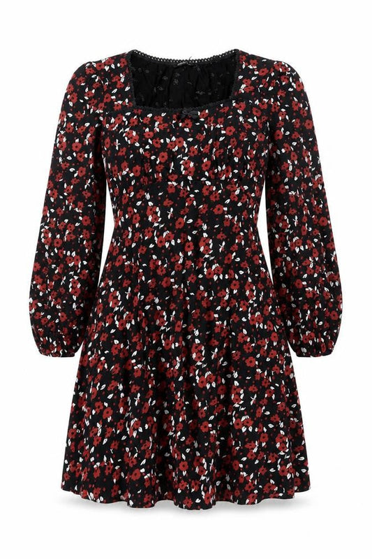 Front view of Roman Women’s Black Floral Fit & Flare Dress, size UK 10, Long Sleeve