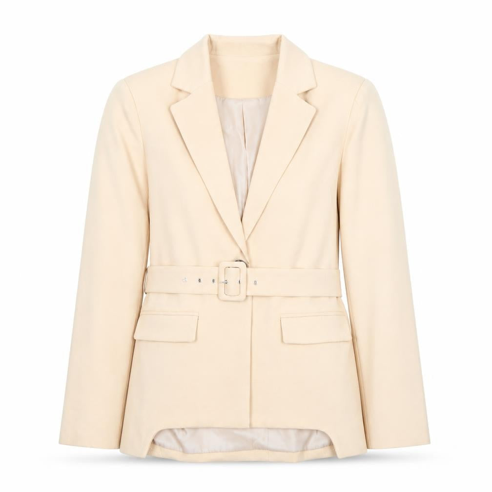 Front view of In The Style women’s beige belted blazer jacket, size UK 14