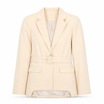 Front view of In The Style women’s beige belted blazer jacket, size UK 14