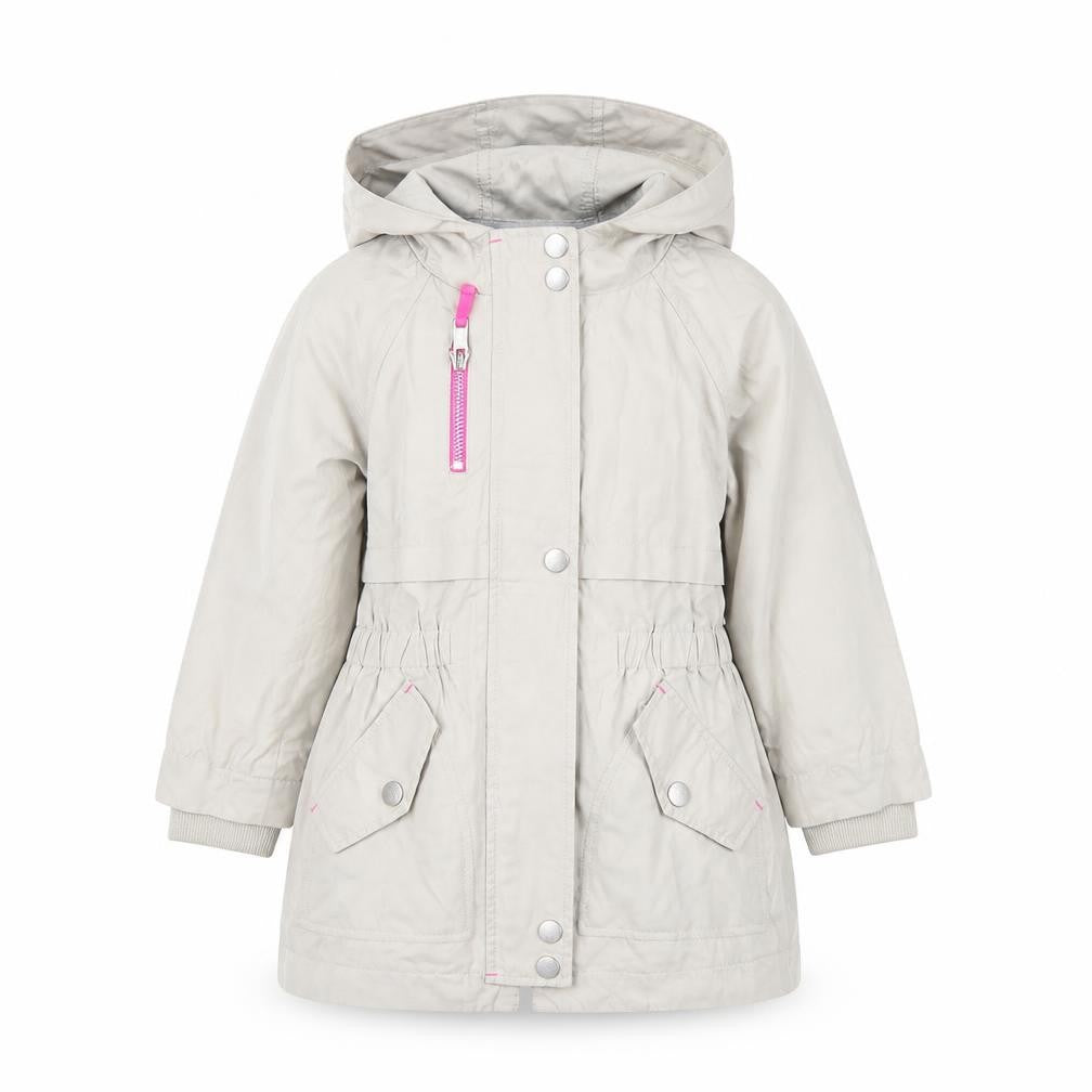Front view of Mint Velvet girls’ beige hooded parka coat 3 years lined lightweight jacket