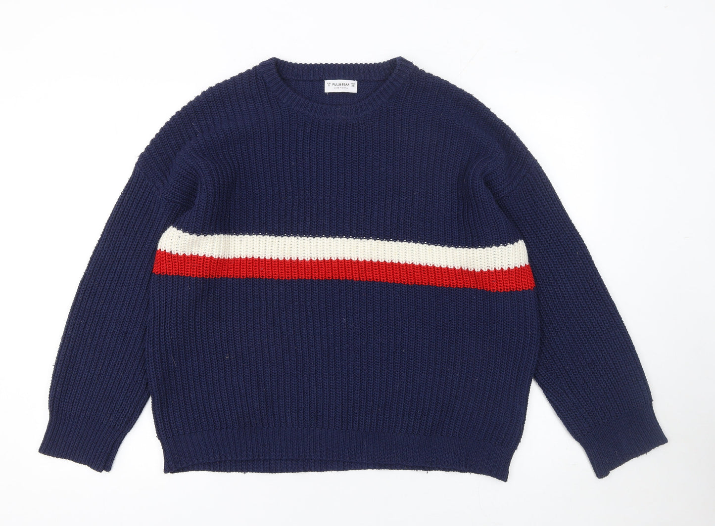 Pull&Bear Men’s Blue Chunky-Knit Striped Jumper Size S