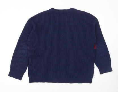Pull&Bear Men’s Blue Chunky-Knit Striped Jumper Size S