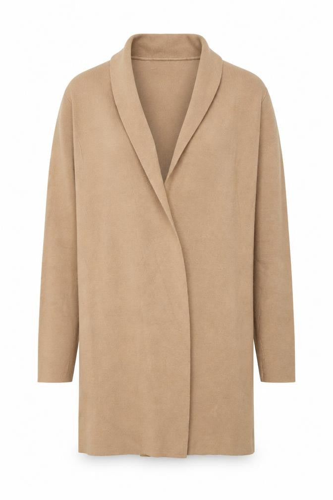 Front view of Mango unisex beige s collared knit long sleeve cardigan