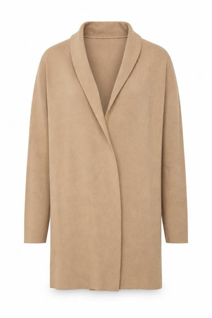 Front view of Mango unisex beige s collared knit long sleeve cardigan