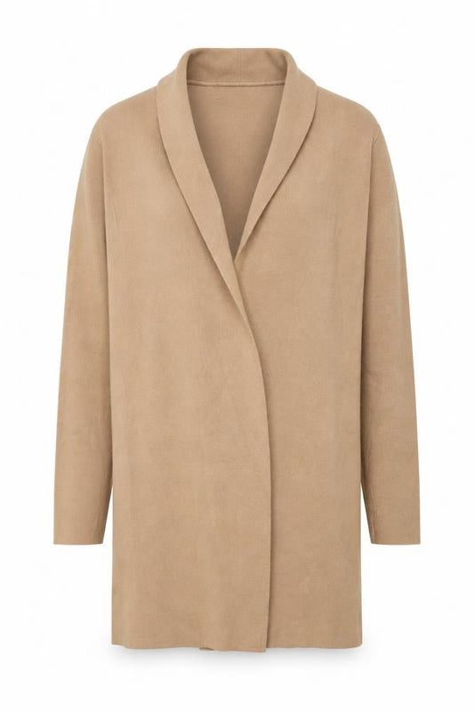 Front view of Mango unisex beige s collared knit long sleeve cardigan