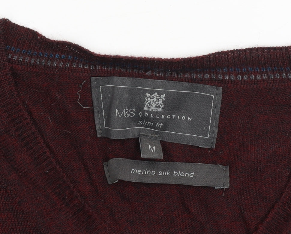 Marks and Spencer Mens Red Slim Fit V-Neck Merino Silk Jumper M