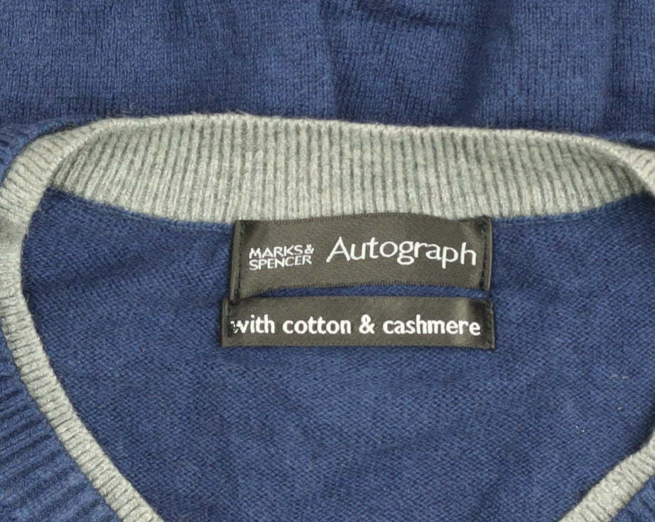 Marks and Spencer Autograph Men’s Blue Cotton Cashmere V-Neck Jumper XL