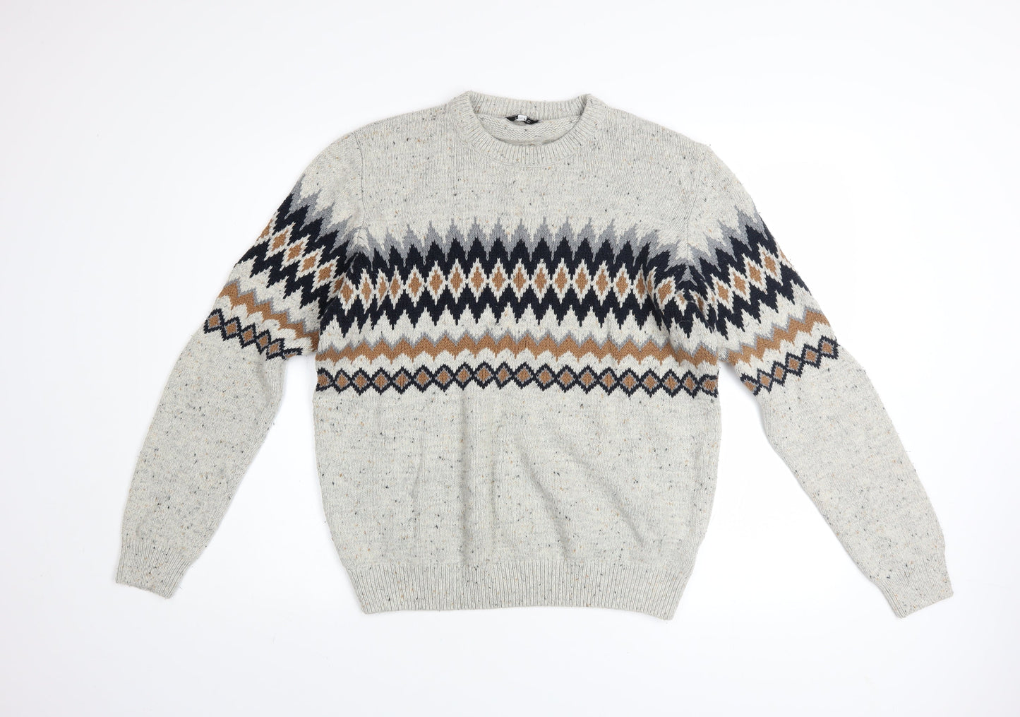 Next Men Beige Fair Isle Knit Jumper L Crew Neck Cotton Blend