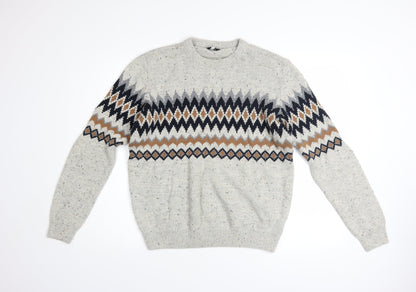 Next Men Beige Fair Isle Knit Jumper L Crew Neck Cotton Blend
