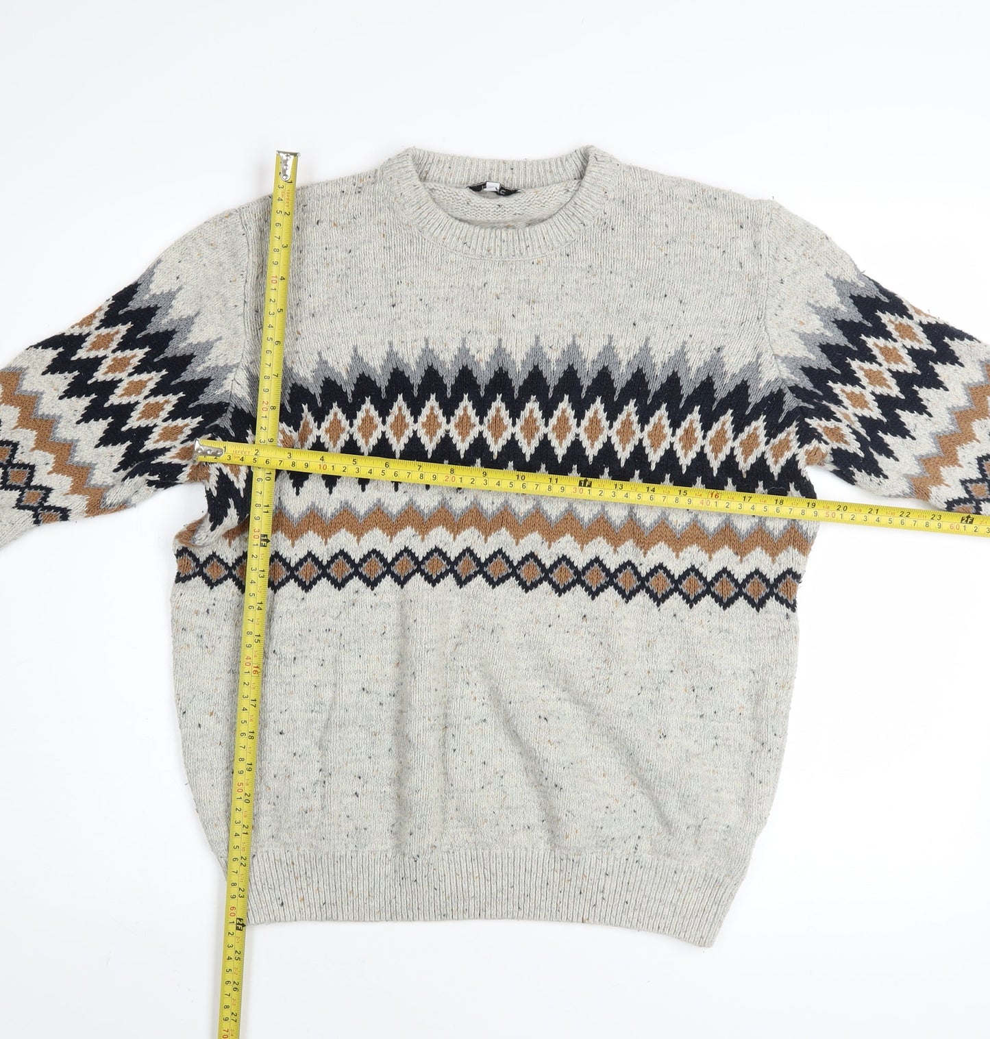 Next Men Beige Fair Isle Knit Jumper L Crew Neck Cotton Blend