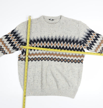 Next Men Beige Fair Isle Knit Jumper L Crew Neck Cotton Blend