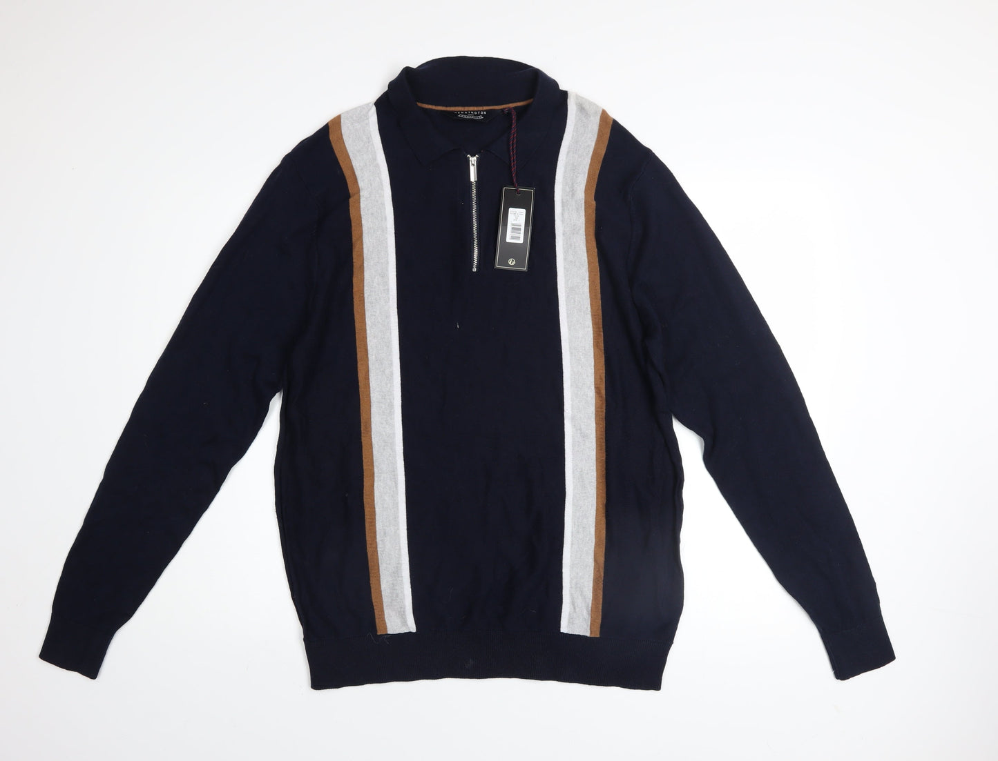 Kensington Eastside Mens Blue L Striped 1/2 Zip Cotton Jumper