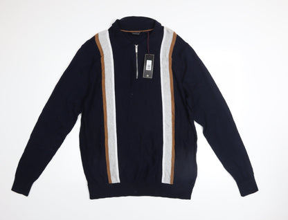 Kensington Eastside Mens Blue L Striped 1/2 Zip Cotton Jumper