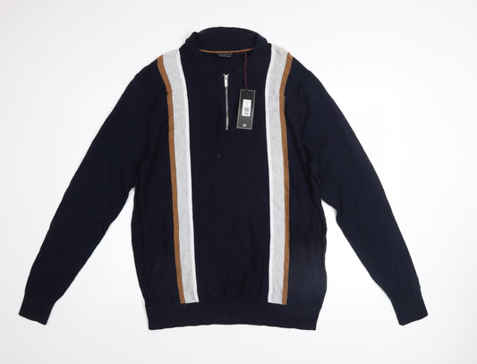 Kensington Eastside Mens Blue L Striped 1/2 Zip Cotton Jumper