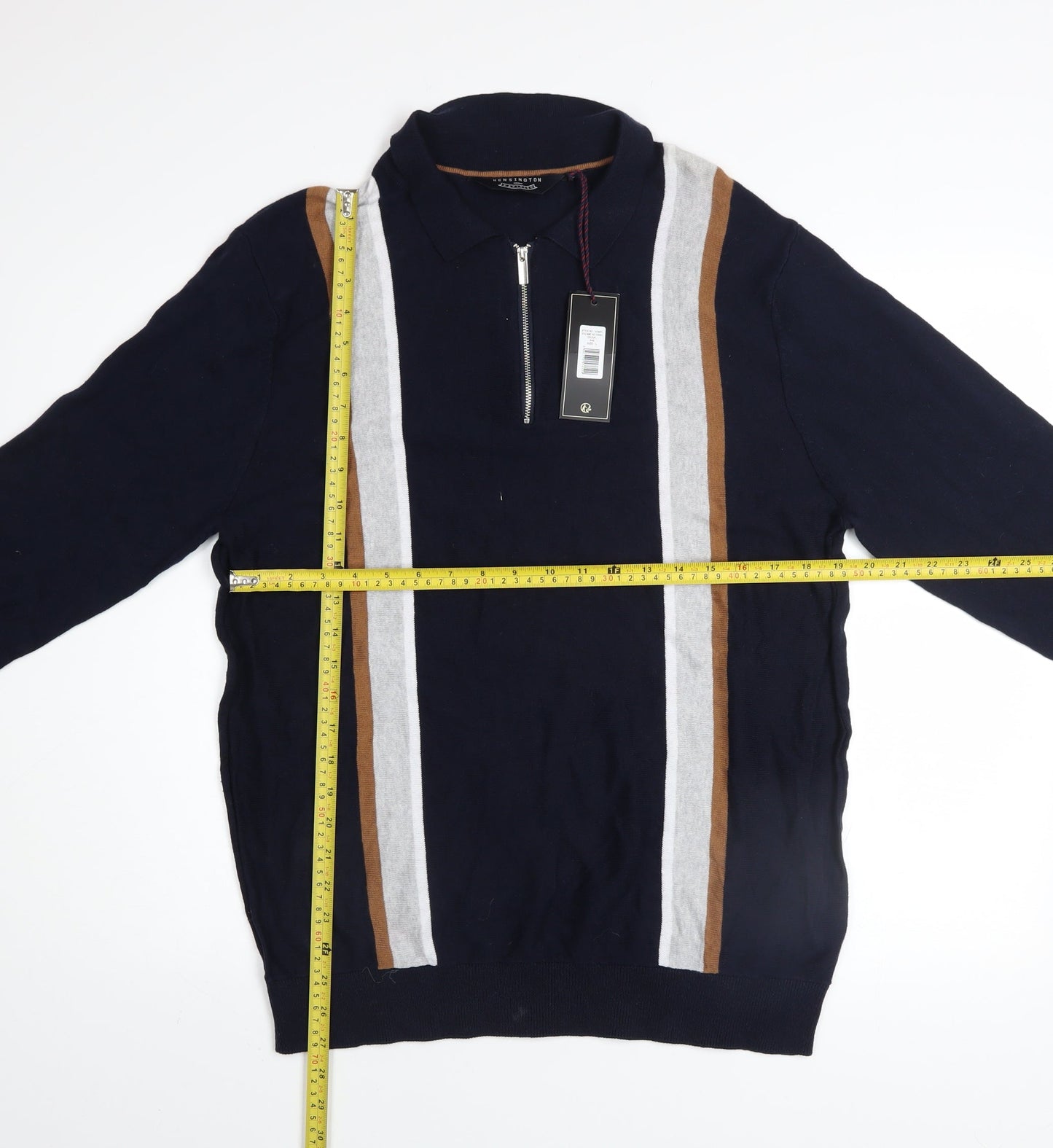 Kensington Eastside Mens Blue L Striped 1/2 Zip Cotton Jumper